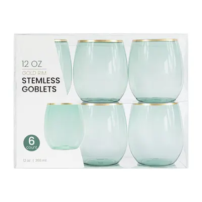 12 oz Gold Rim Stemless Wine Goblets 6 ct