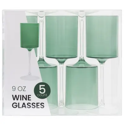 9 oz Green Clear Wine Glasses 5 ct