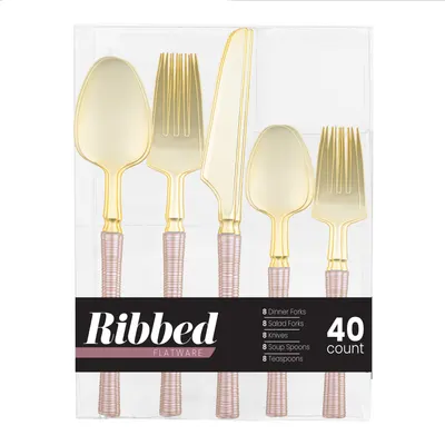 Ribbed Flatware Pink Pearl/Gold Combo 40 ct