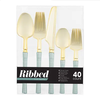 Ribbed Flatware Blue Pearl/Gold Combo 40 ct