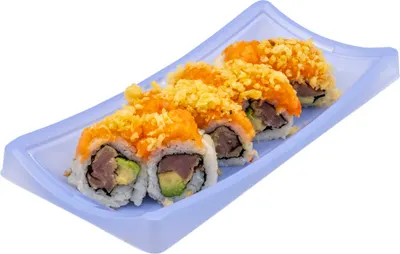 Kawasaki Roll-black peppered tuna, avocado, topped with spicy salmon & crunch